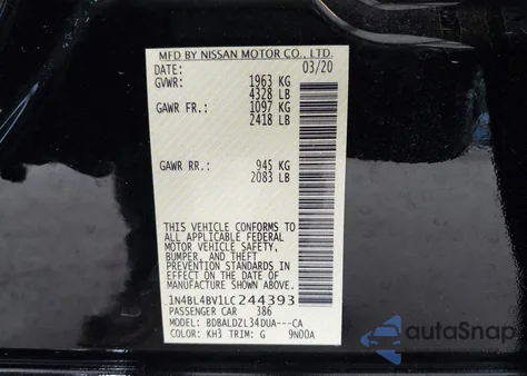 2020 Nissan Altima S Fwd z USA, uszkodzony, nr VIN 1N4BL4BV1LC244393